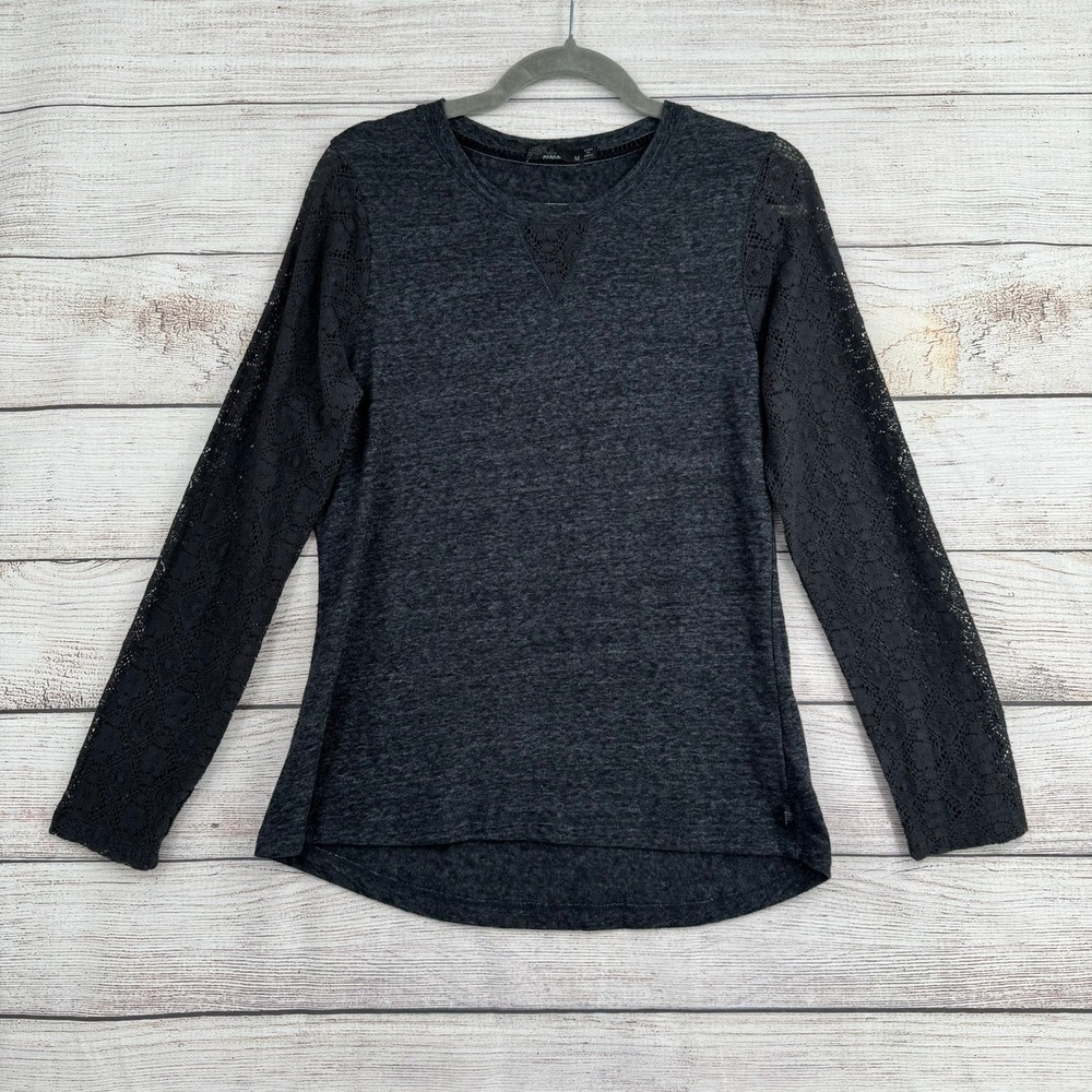 prAna Lace Sleeve Top Women M Charcoal Grey W2DARL315 Cotton Blend